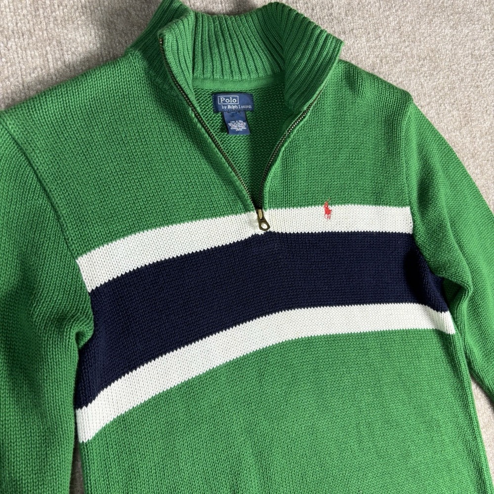 Polo Ralph Lauren Boys XL Quarter Zip Sweater Green Striped Cotton Pony Logo